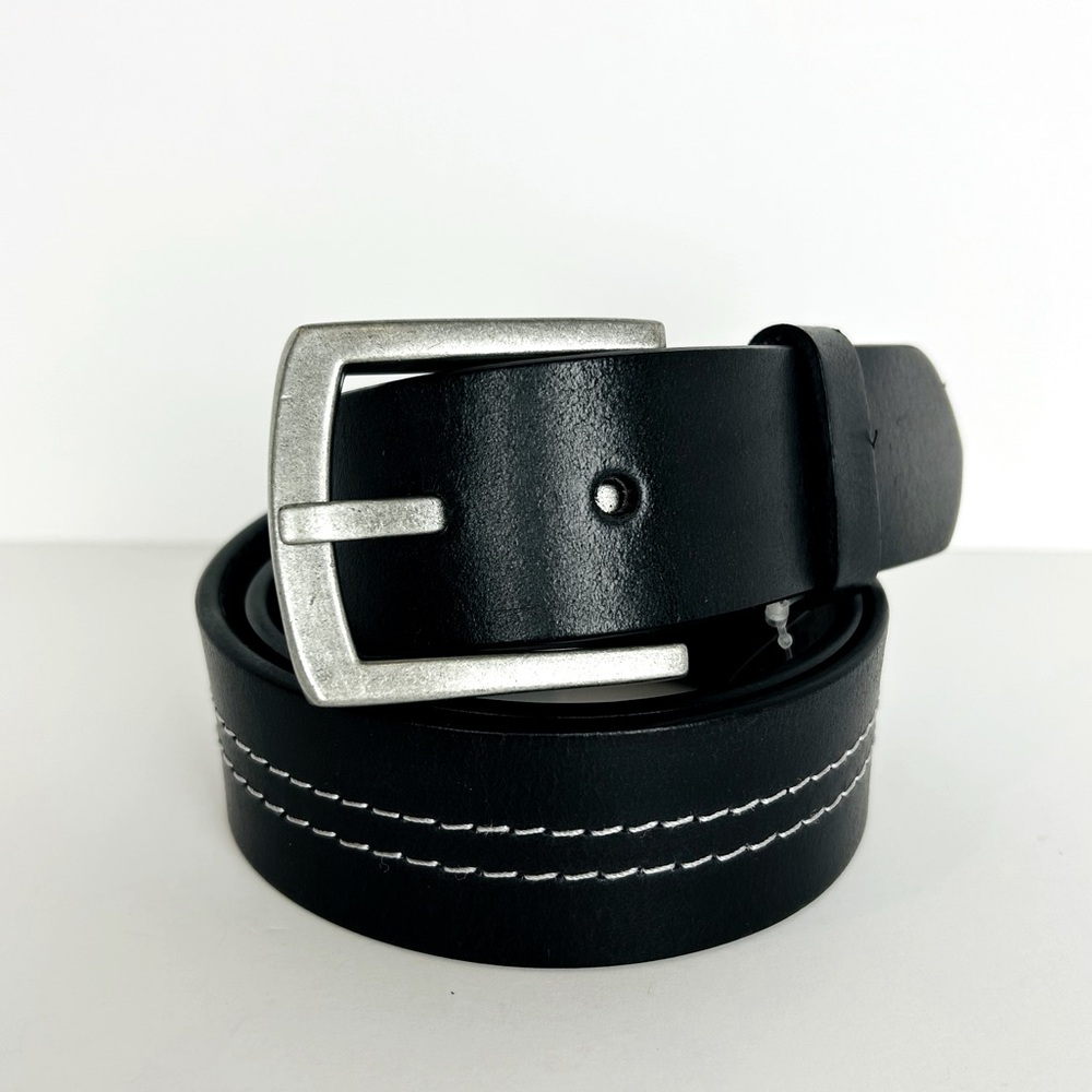 Transit Leather Belt Size 40 Black White Stitch Silver Tone Buckle Leather Jean